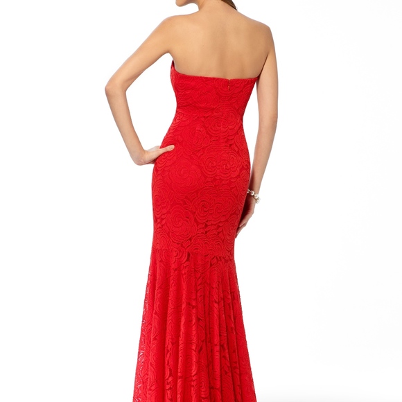 Fire Red Strapless Lace Mermaid Gown - Picture 2 of 5